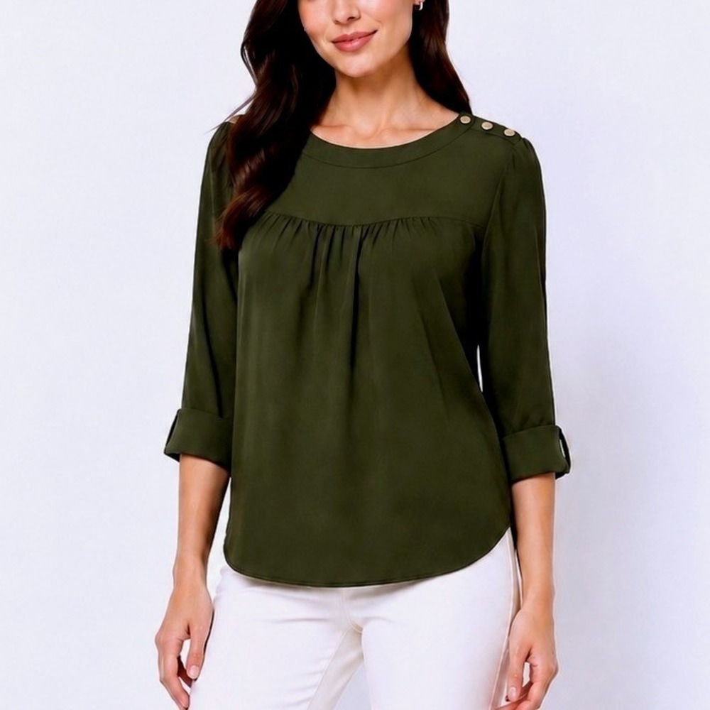 Loft Womens XXS Olive Green Gold Button Shoulder Roll Tab Sleeve Blouse Top